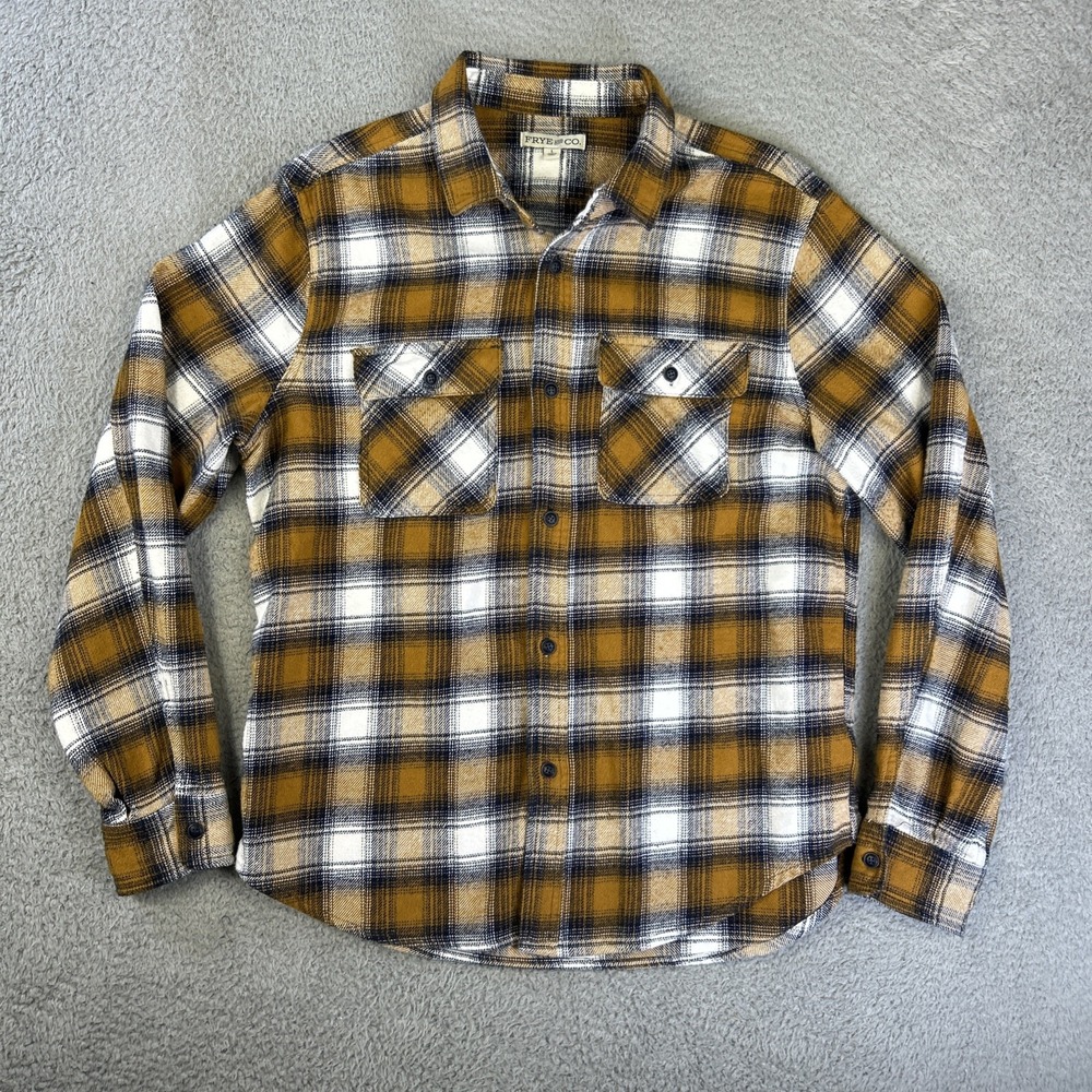 Frye & Co Flannel Shirt Mens Large Brown Blue Lumberjack‎ Cabincore Flap Pockets